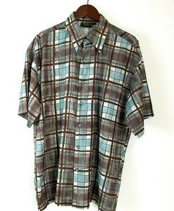 VTG Monzini Collection Men's Large Button Front Shirt Green Plaid Made in USA